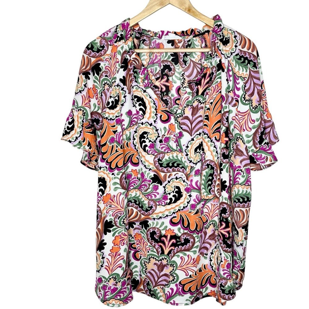 Cynthia Rowley Paisley Print Top Womens 3X Short Sleeve Ruffled Boho